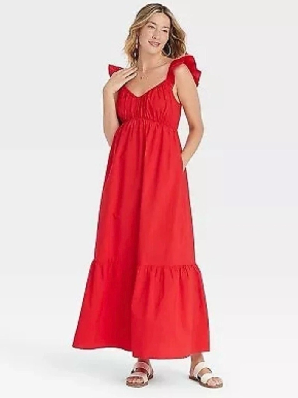Universal Thread Women's Flutter Cap Sleeve Maxi A-Line Dress Sz L Cotton